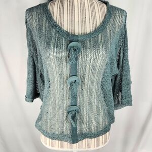 Noelle NWOT Green Fishnet/Mesh Semi-Sheer Sequin Accents 3/4 Sleeve Top One Size
